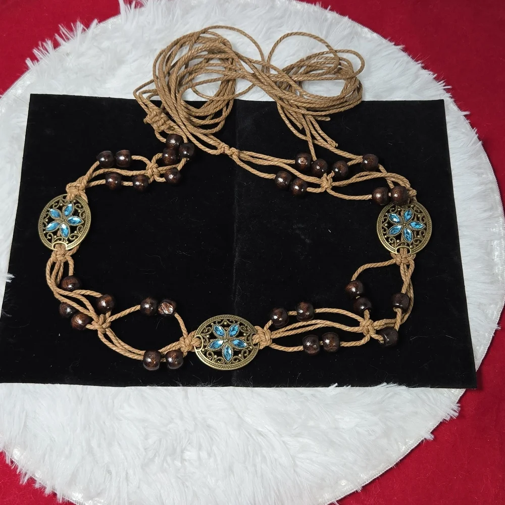 Boho Rope Belt Teal Rhinestone Bronze Floral Medallion Beaded Tie Waist 67